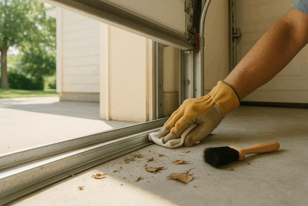 Hand with glove cleaning garage door tracks, showing routine garage door repairs and maintenance.