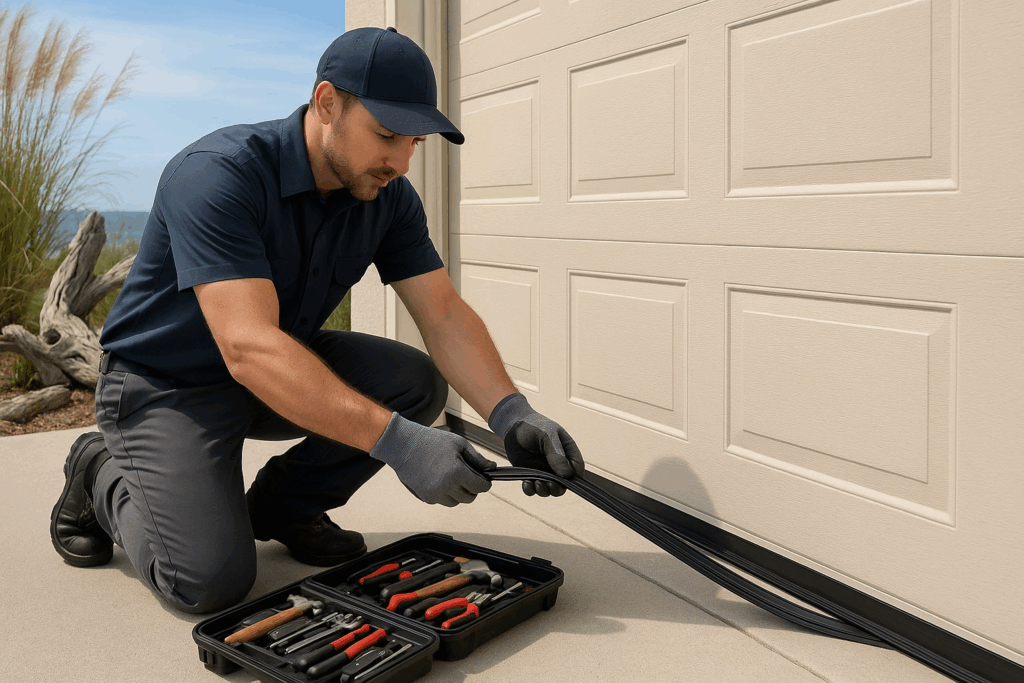 Garage door technician installing new bottom weather seal to prevent drafts and reduce need for future garage door repairs.