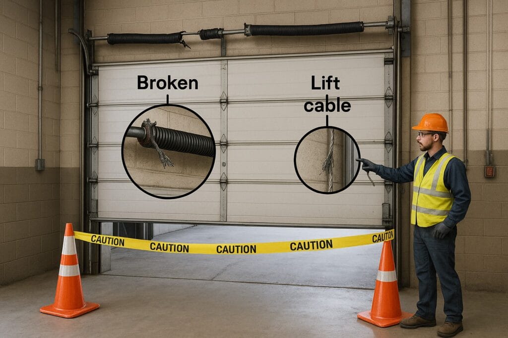 Technician pointing at broken spring and lift cable during commercial garage door repair.