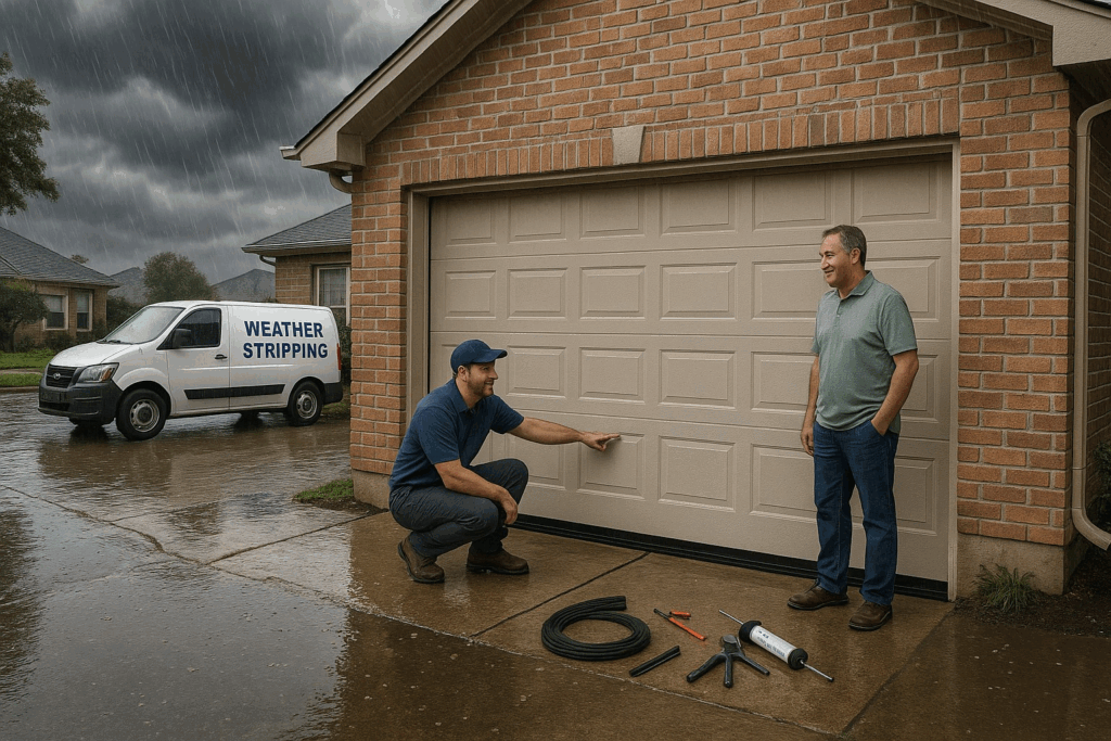 Technician installing garage door weather stripping in the rain to protect against water damage and improve storm resistance.