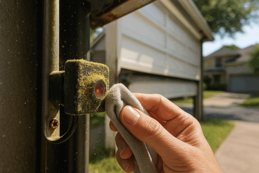 Cleaning dusty safety sensor to repair garage door function.