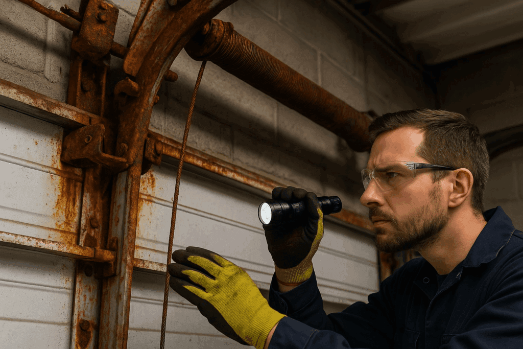 Technician inspecting rusted parts with flashlight during commercial garage door repair.