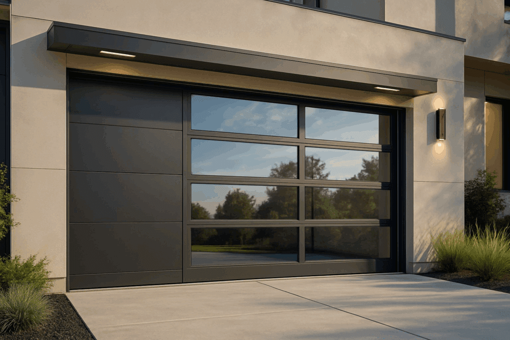 Sleek black modern garage doors with glass panels on contemporary home.