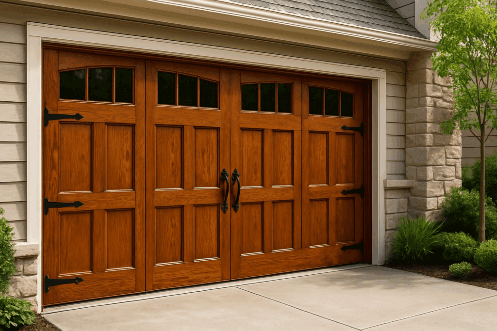 Elegant wood-style carriage modern garage doors with decorative hardware.
