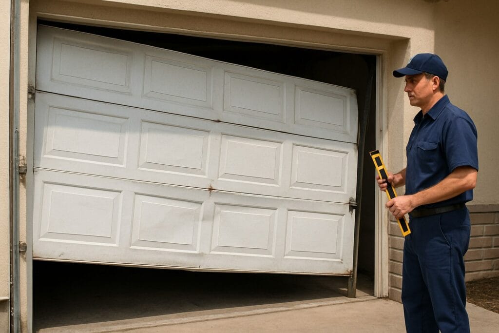 Technician performing garage door maintenance by inspecting and realigning a damaged garage door off its track.